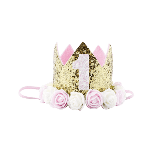 Gold Birthday Crown with Flowers (Age 1-5 years)