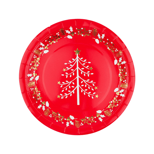 Red Christmas Paper Plates with Gold Christmas Tree, 6 pcs