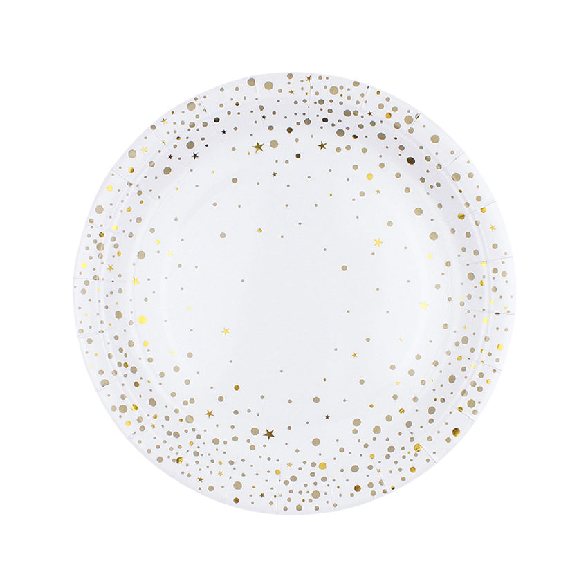 White & Gold Confetti Round Paper Plates