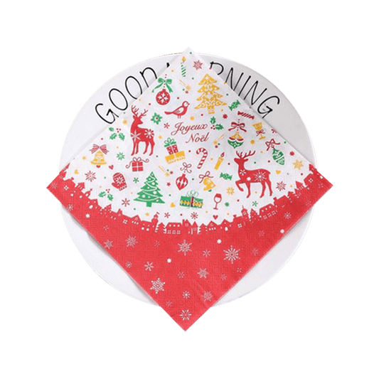 White and Red Christmas Napkin with Reindeer and Snowflakes