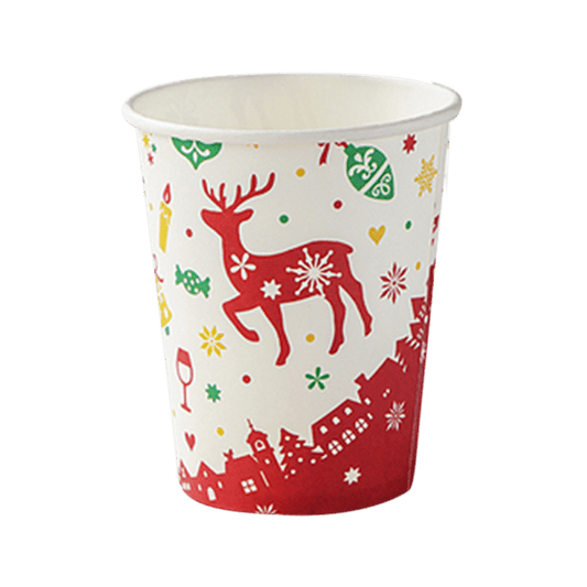 Christmas Paper Cups with White and Red Reindeer and Snowflakes, 10 pcs