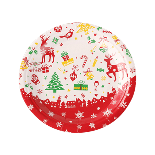 Christmas Paper Plates with White and Red Reindeer and Snowflakes, 10 pcs