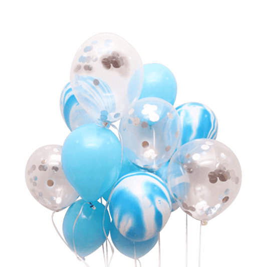 Blue Marbled and Silver Latex Balloons, 15 pcs
